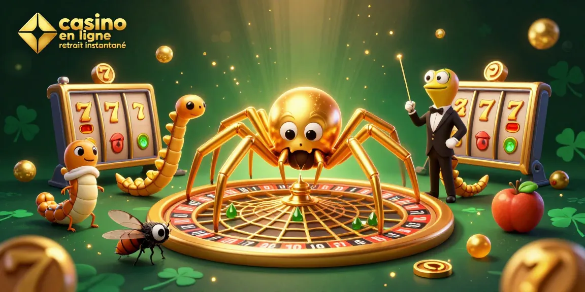 Illustration dynamique de "casino en ligne retrait instantané" avec une araignée dorée et des rouleaux de machines à sous.