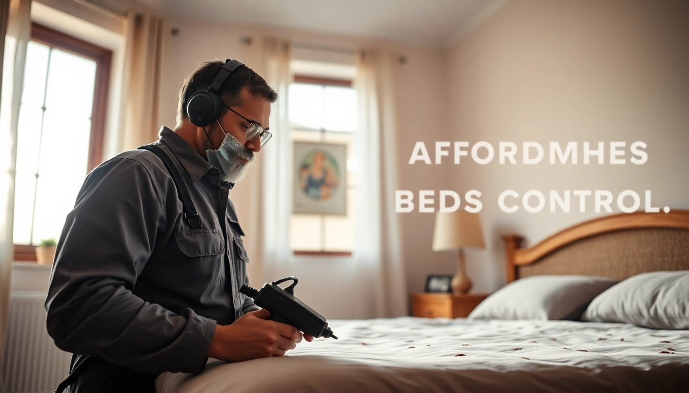 Tech inspecting for bed bugs with tools representing affordable bed bug control solutions.