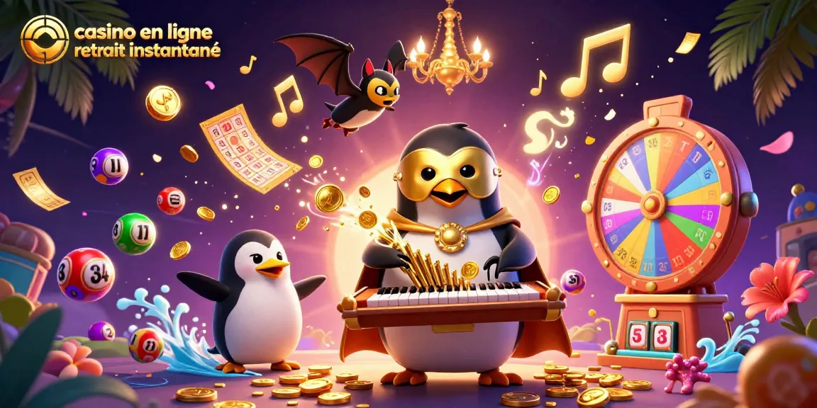 Jeux au casino en ligne avec retrait instantané avec des personnages animés et des éléments de loterie colorés, ambiance festive.