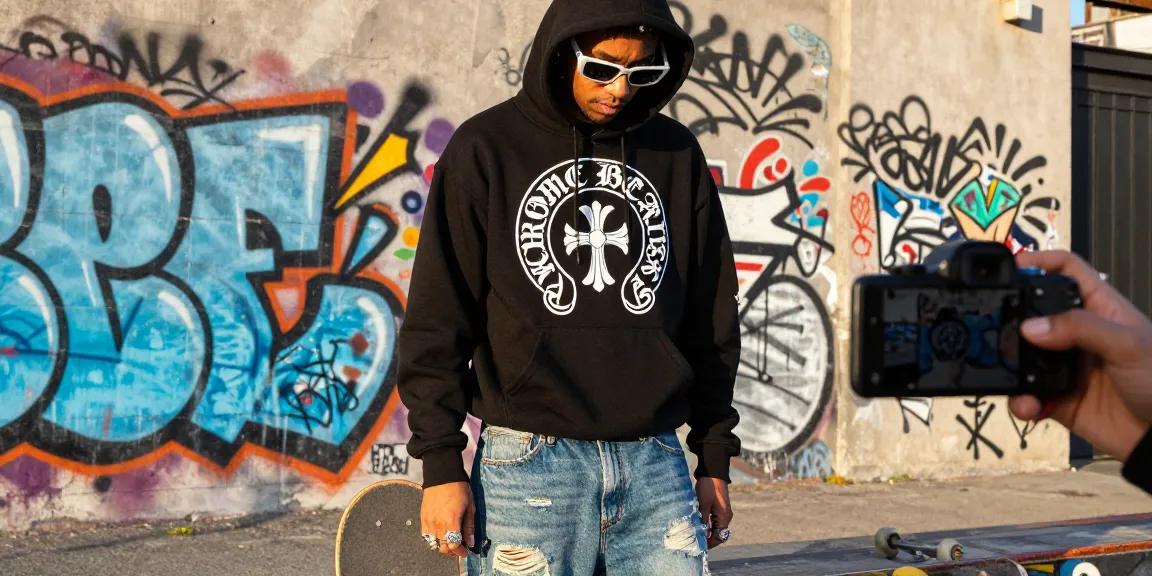 Chrome Hearts hoodie worn in urban setting, showcasing street fashion flair and luxury accessories.