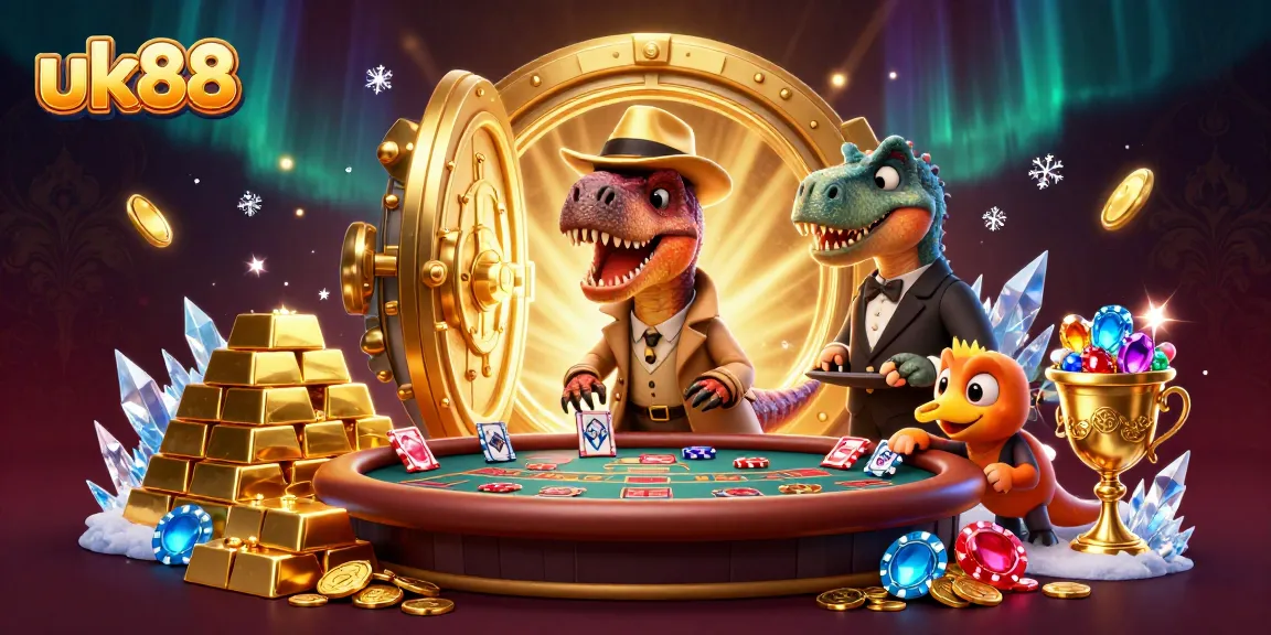 uk88 blackjack scene with a cartoon velociraptor card counter, stegosaurus pit boss, and compy pickpocket
