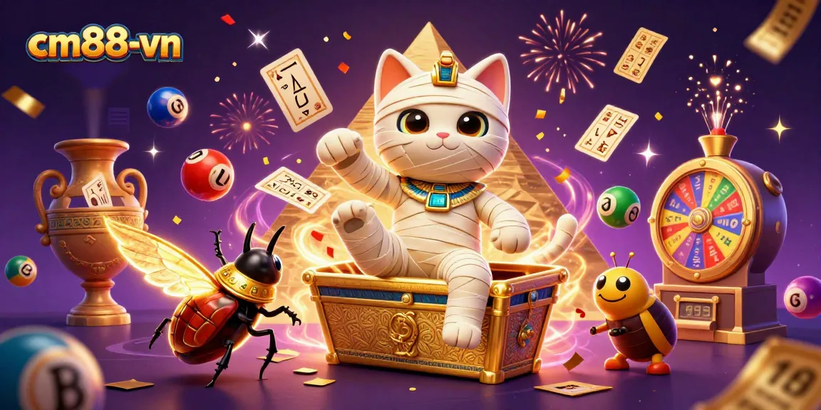 Engage with cm88-vn’s thrilling gaming scene featuring dynamic lottery balls and a mystical mummy cat!
