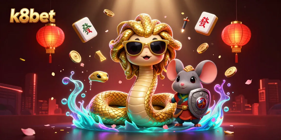 Engage in thrilling gaming with k8bet's vibrant 3D illustration of Medusa and casino elements.