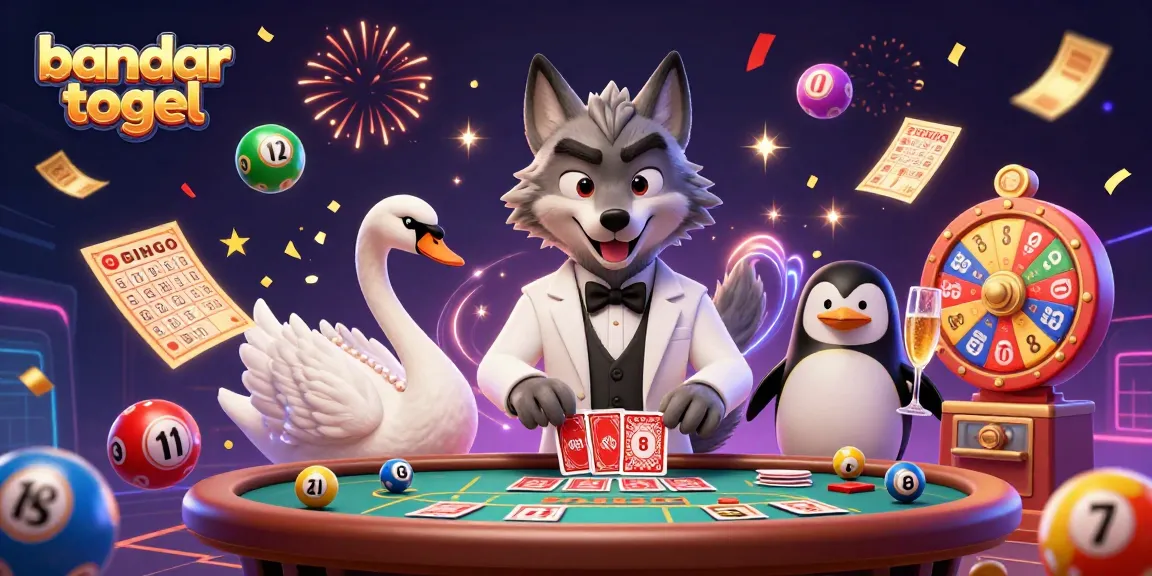 Engage with bandar togel's vibrant lottery scene featuring a debonair wolf, elegant swan, and champagne-presenting penguin.