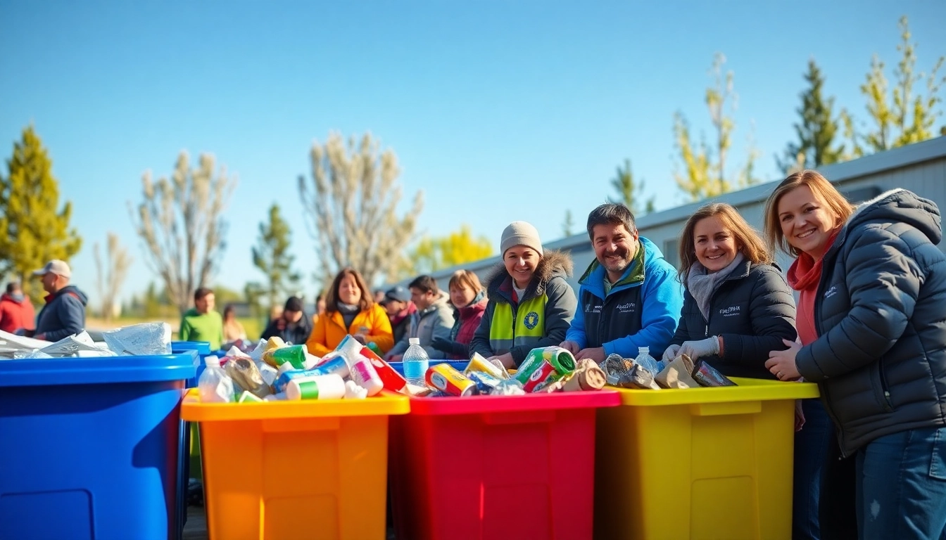 Volunteers engaging in cold lake recycling activities at a community recycling depot, promoting sustainability.
