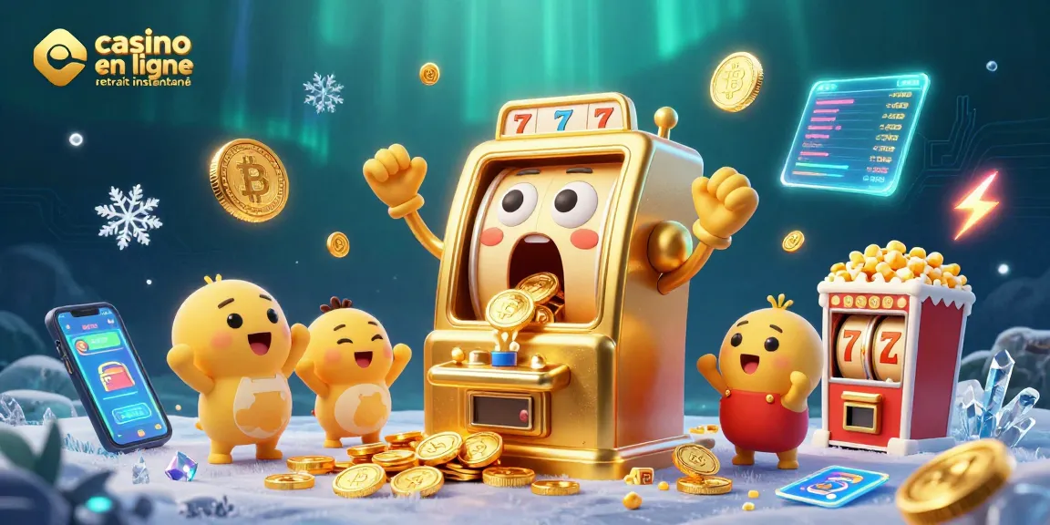 Gagnez au casino en ligne retrait instantané avec une machine à sous dorée et des pièces scintillantes.