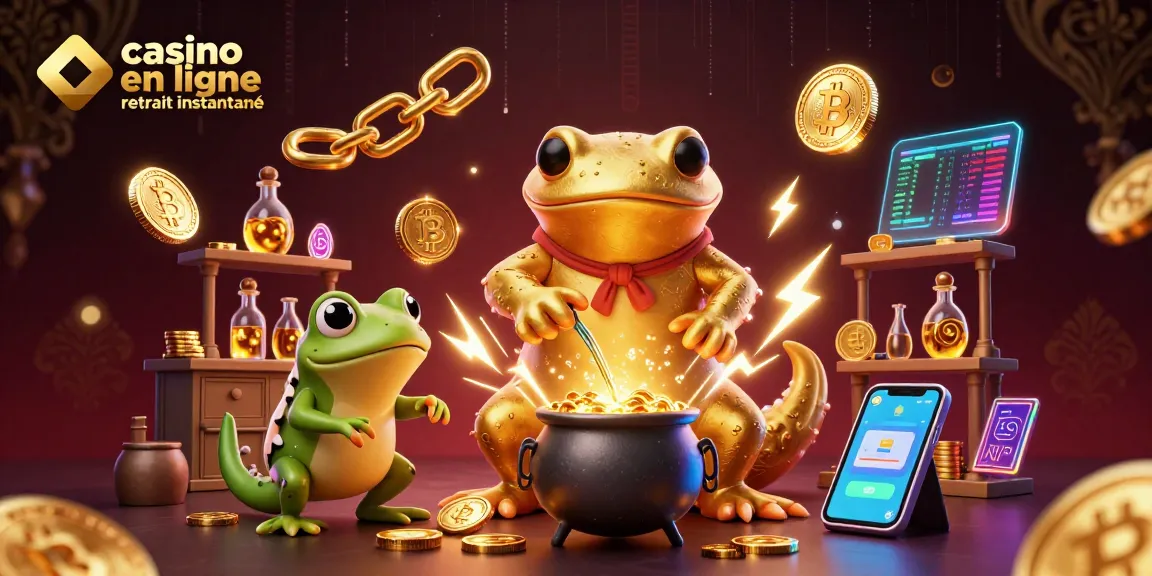 Illustration dynamique de casino en ligne retrait instantané avec salamandre alchimiste et pièces d'or scintillantes.