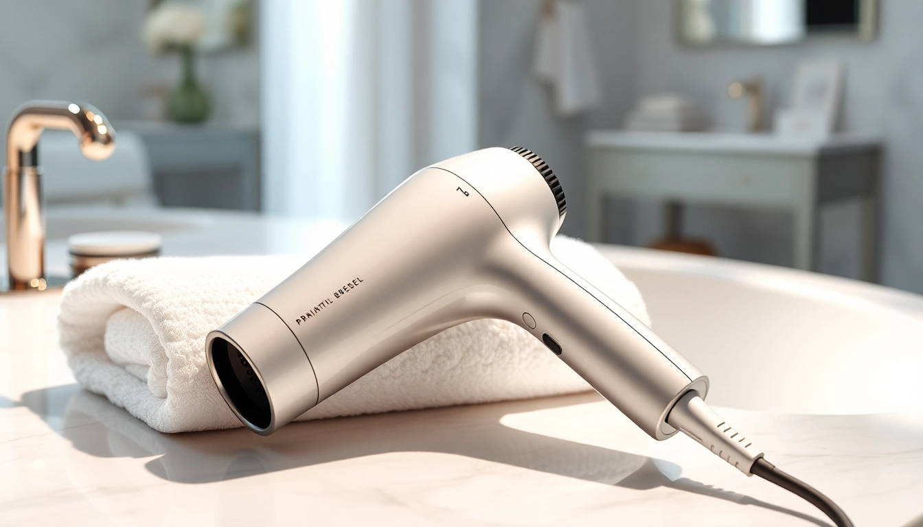 Stylish hair dryer for fine hair on a bathroom counter, enhancing a serene self-care environment.