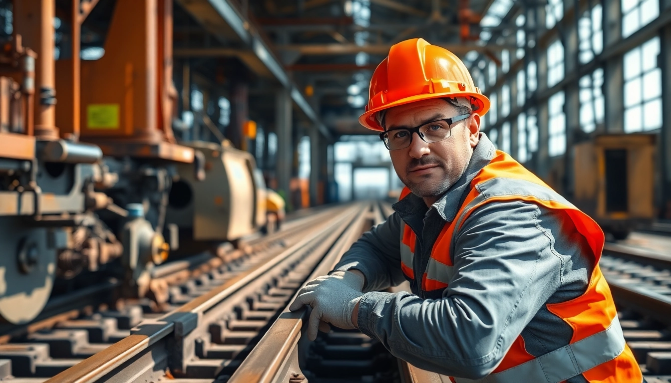 Skilled railroad contractor inspecting tracks, showcasing Railroad Contractors Near Me expertise.