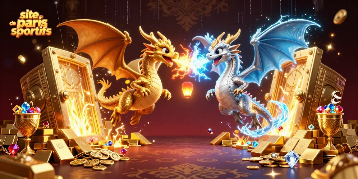 Plongez dans l'univers du site de paris sportifs avec des dragons fantastiques et des trésors scintillants.