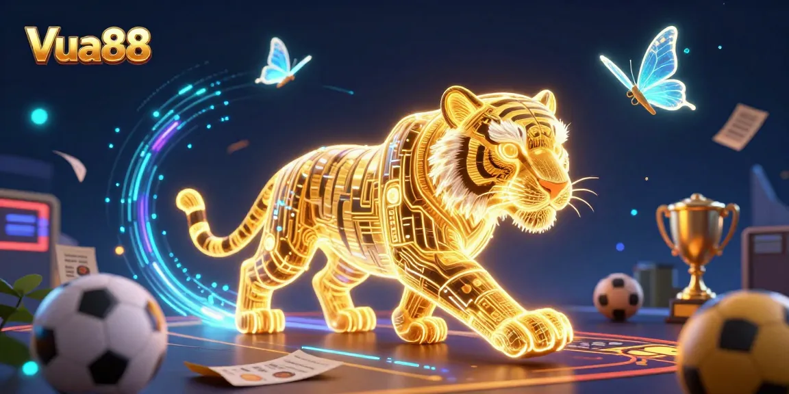 Experience Vua88's thrilling sports betting with a vibrant 3D tiger prowling a digital casino.