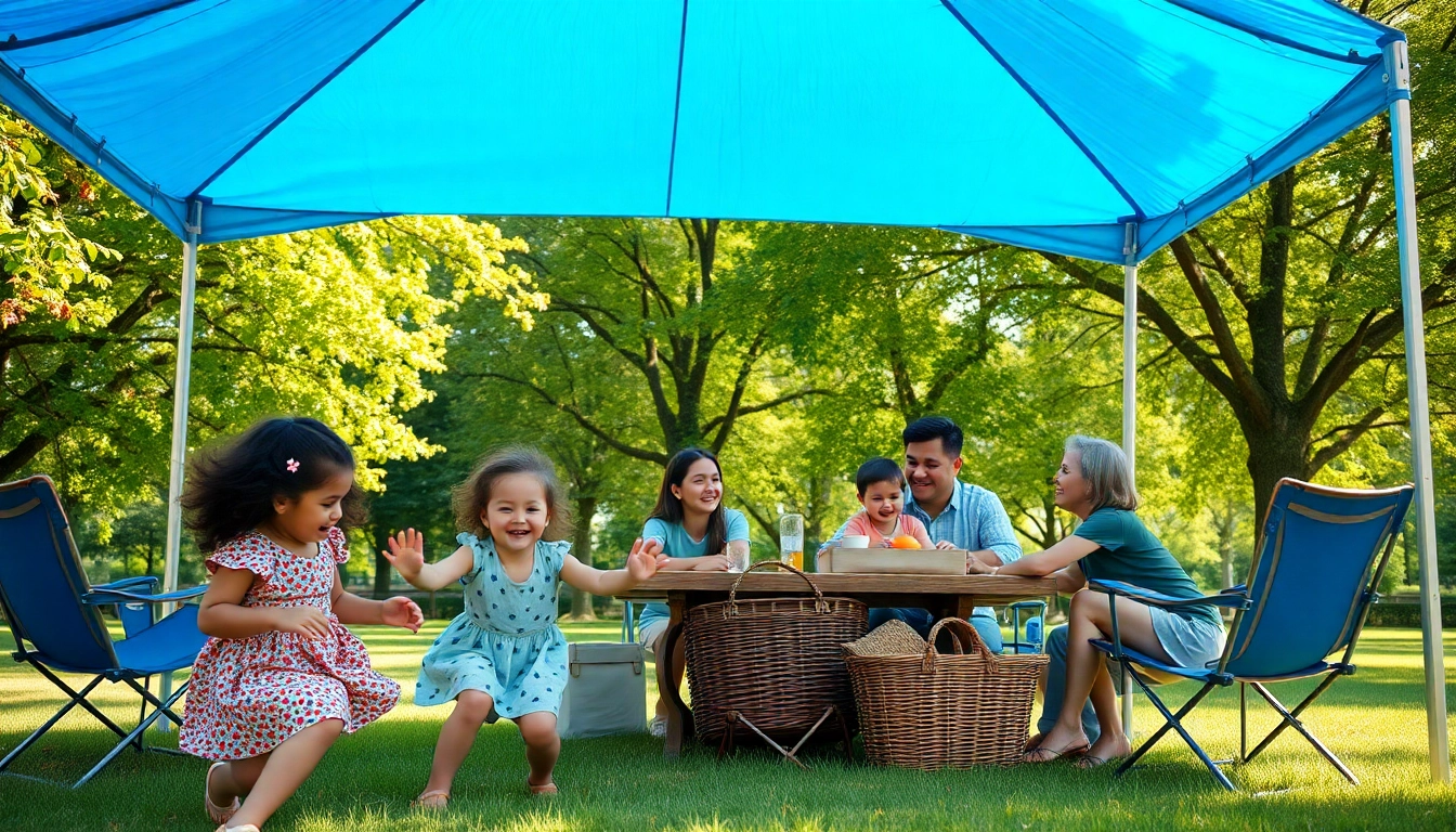 Relaxing under a versatile canopy tent during a family picnic in a vibrant park.