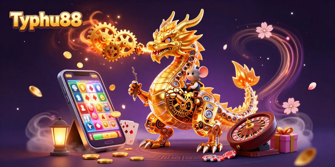 Typhu88 delivers excitement with a dragon breathing gears amidst vivid casino elements in 3D.