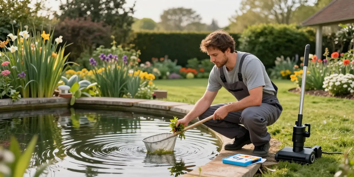 Professional Pond Cleaning Sussex with a skilled worker inspecting water quality alongside a lush garden pond.