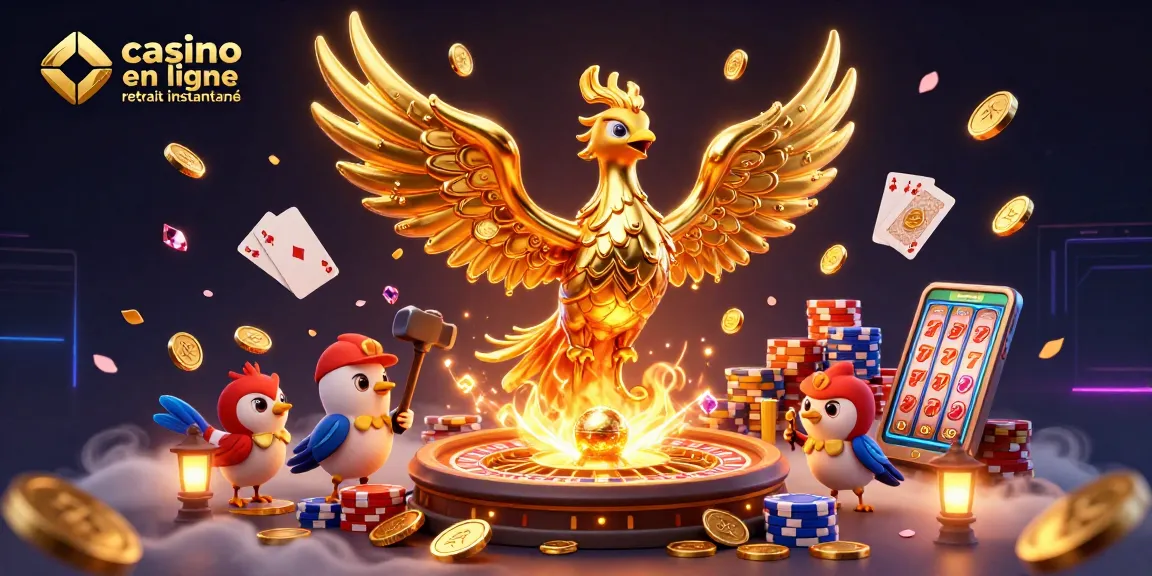 Retrait instantané avec des pièces d'or qui tombent du phoenix doré dans un casino en ligne.