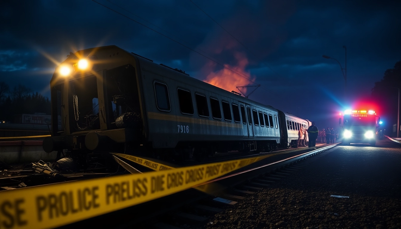 spain train crash wreckage with emergency responders working in dramatic lighting