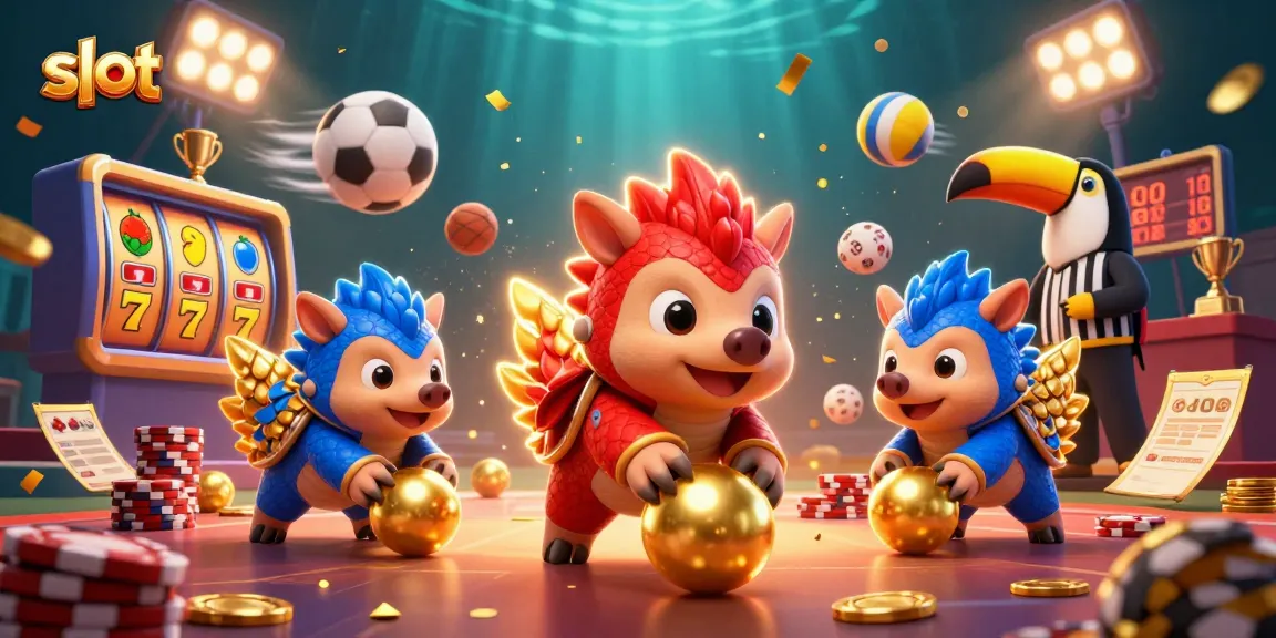 Menangkan slot dengan pangolins berwarna-warni yang bermain sambil melempar koin emas di kasino virtual.