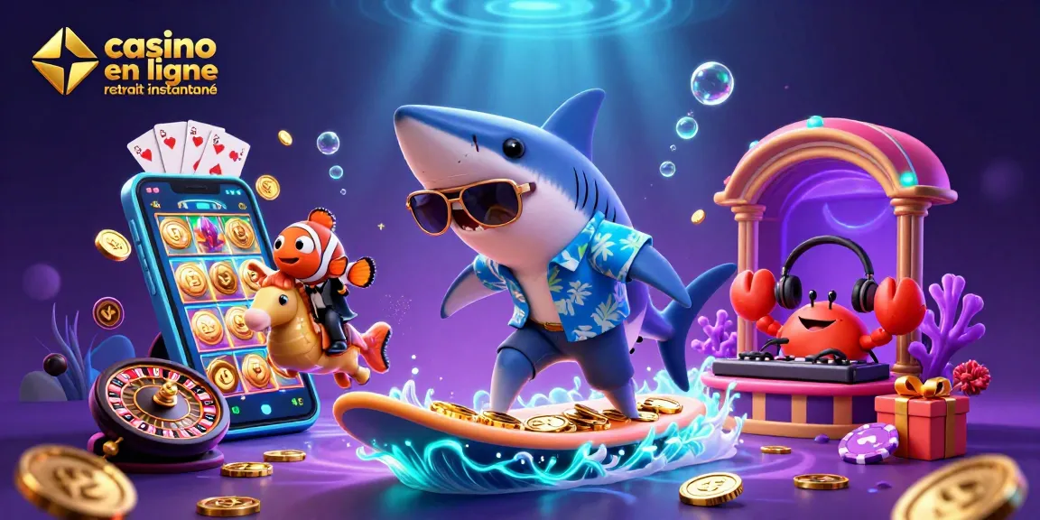 Profitez d'un casino en ligne retrait instantané avec une illustration 3D dynamique et colorée.