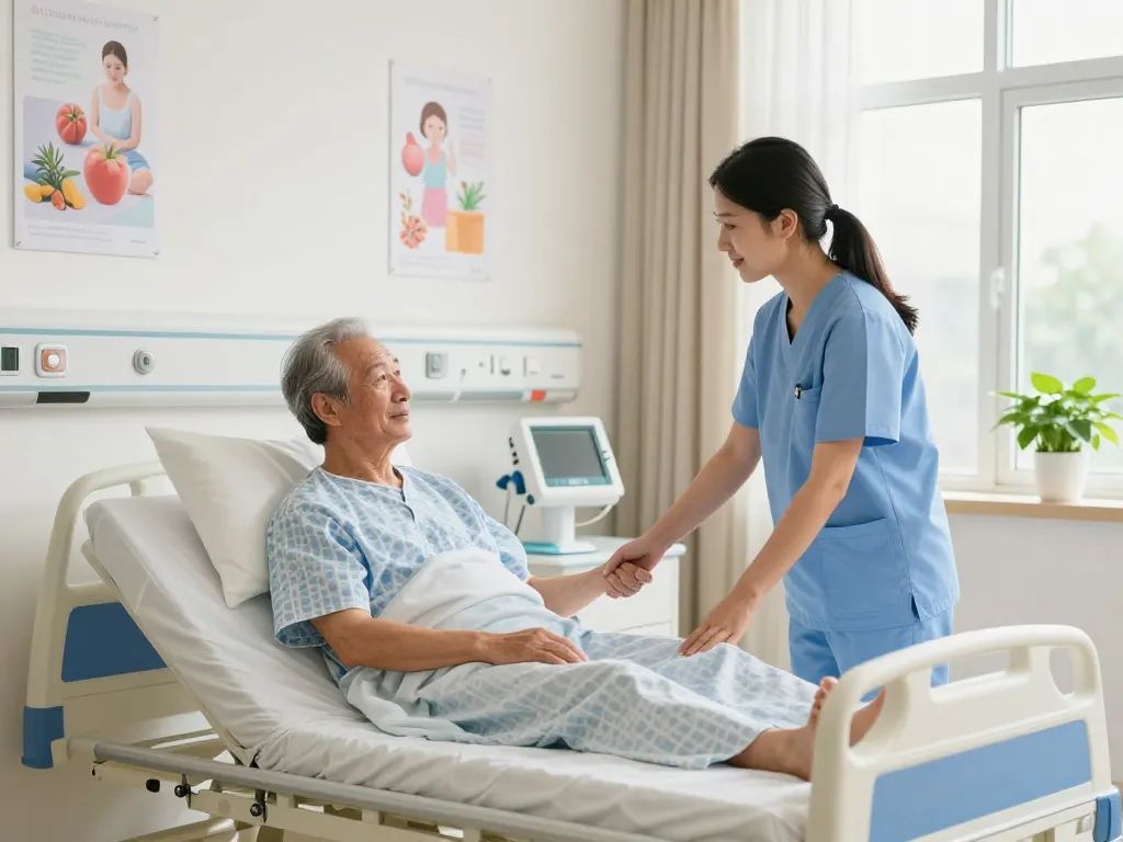 Comfortable giường bệnh nhân in a modern healthcare room with a care assistant attending to an elderly patient.