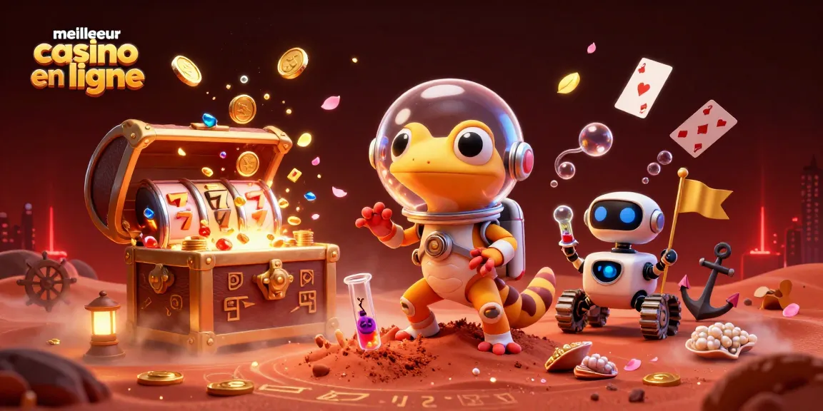 Découvrez le meilleur casino en ligne à travers une scène fantastique avec un lézard martien et des éléments de jeu colorés.