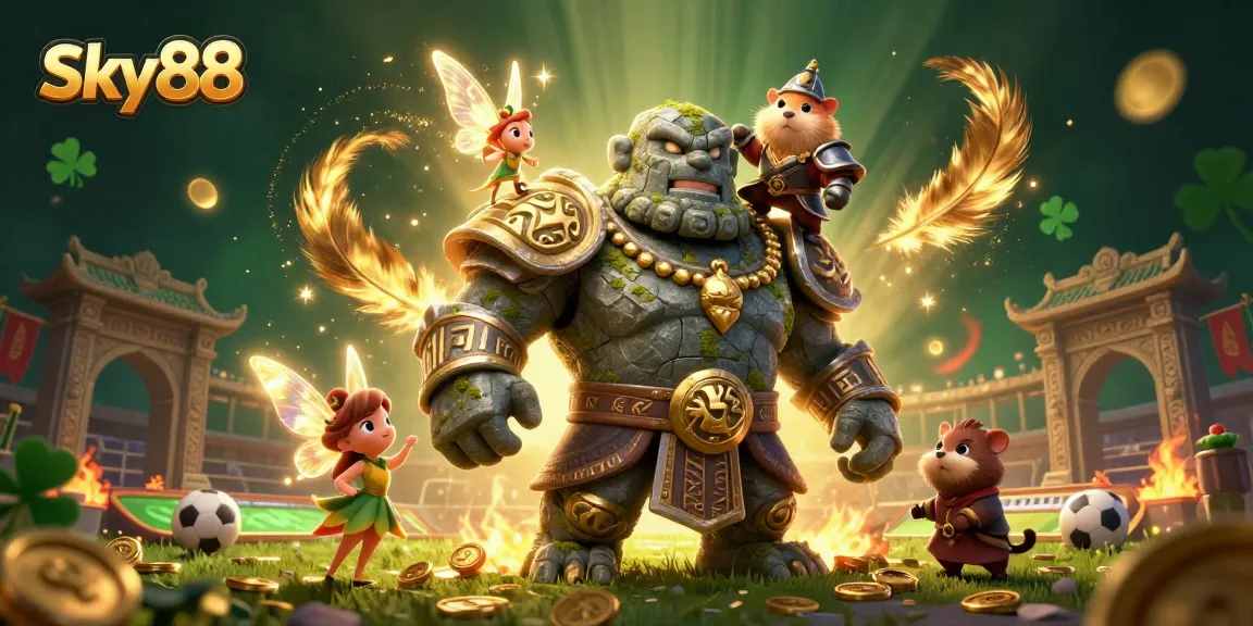 Engage with Sky88 in a vibrant 3D illustration showcasing magical characters in an energetic sports betting arena.