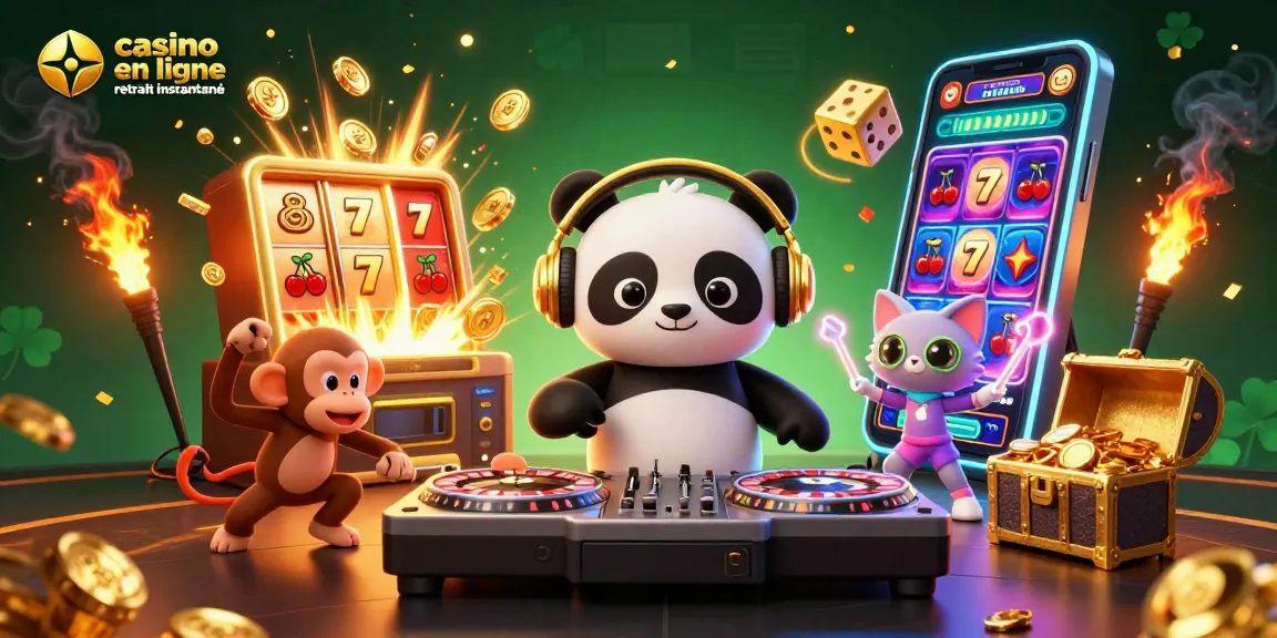 Jouer au casino en ligne retrait instantané avec un panda DJ, un singe dansant, et un chat rave.