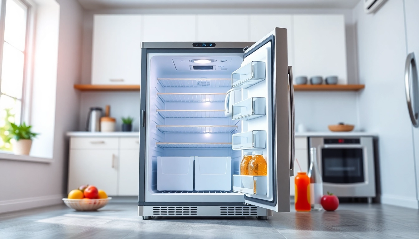 Showcasing an affordable mini fridge and freezer in a bright kitchen with organized shelves.