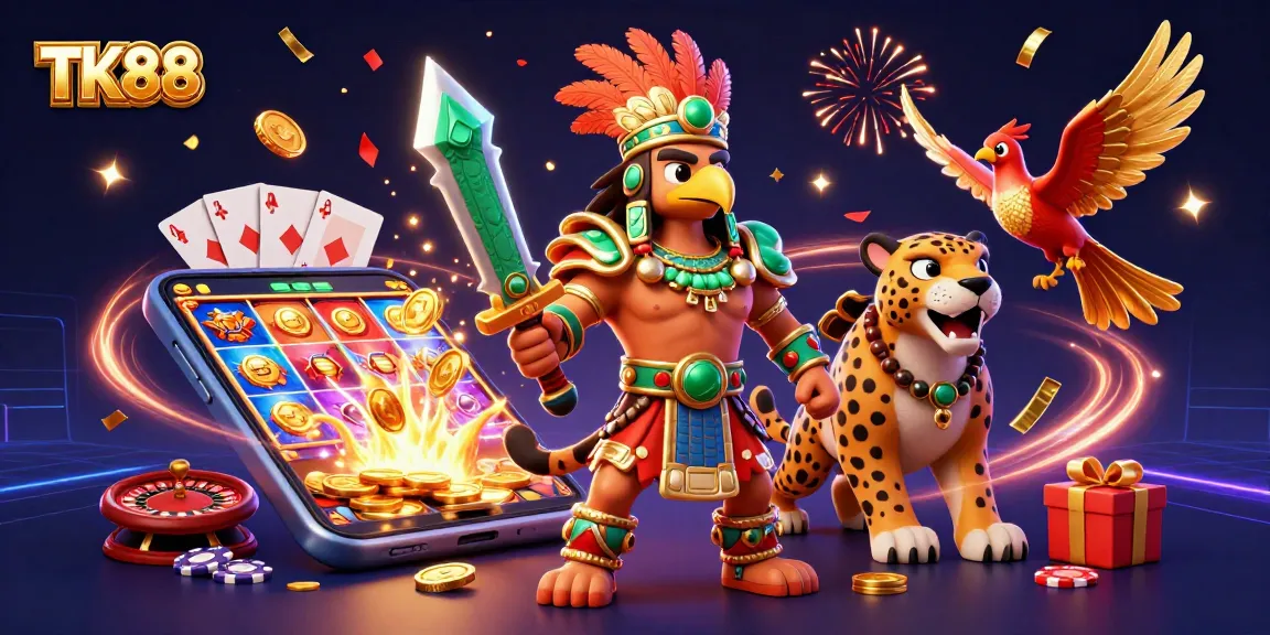 Experience exciting gameplay with TK88 in a vibrant 3D casino scene filled with dynamic gaming elements.