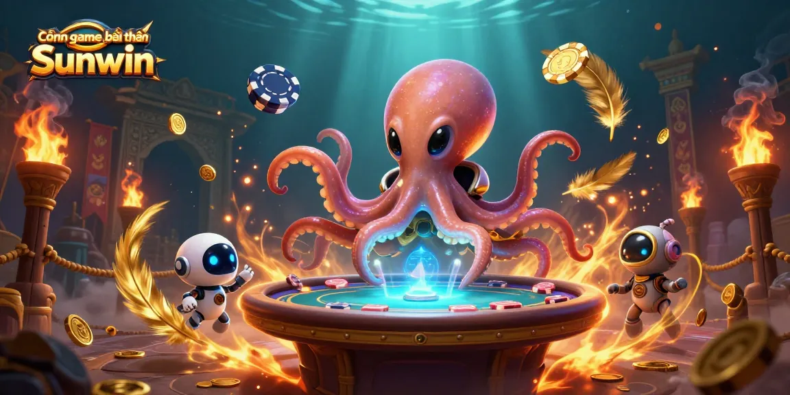 Cổng game bài đổi thưởng Sunwin showcases a vibrant alien octopus managing a poker table amidst dynamic casino elements.