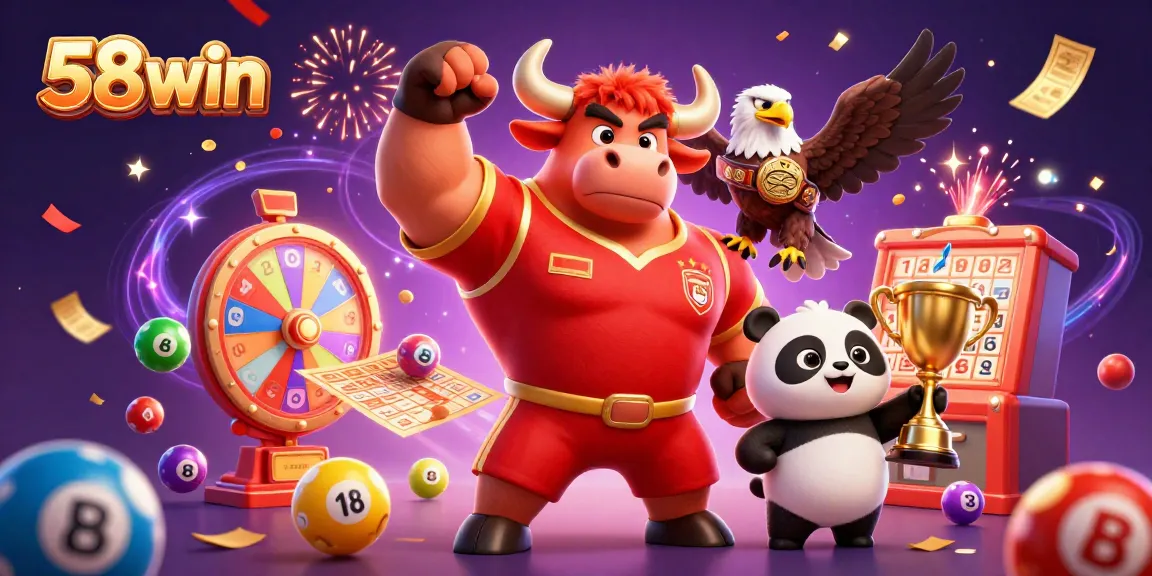 Engage in exciting gambling action with 58win, featuring colorful lottery elements and celebrating characters.