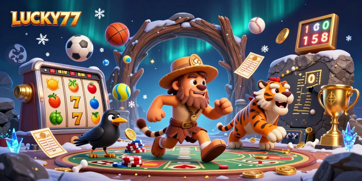LUCKY77 casino scene with a caveman and sabertooth tiger playing games with dazzling elements.