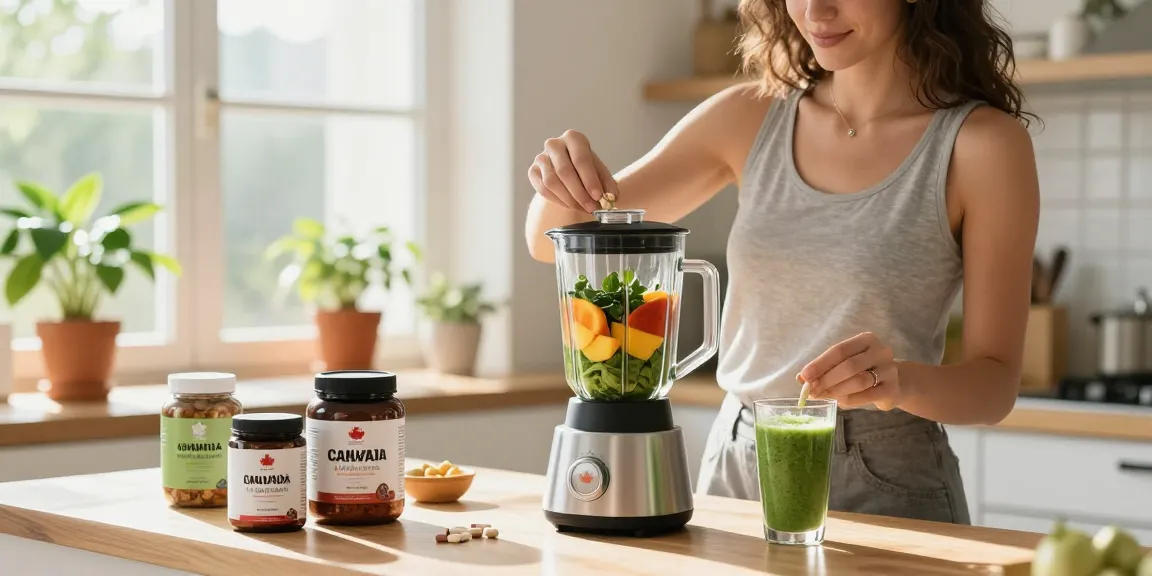 Preparing made in Canada supplements smoothie in a bright kitchen with fresh fruits.