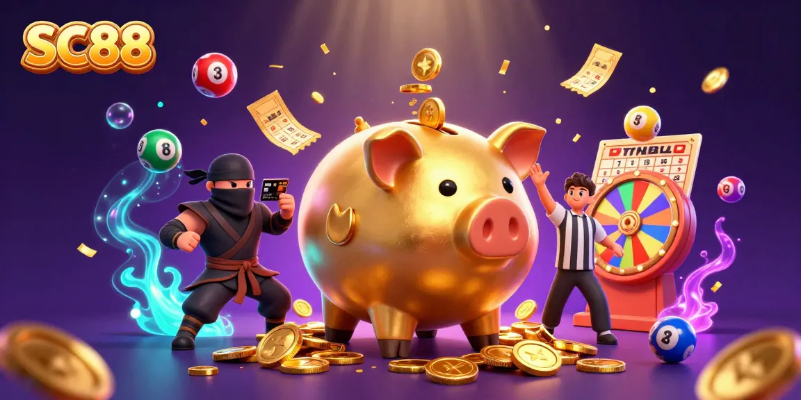 SC88 golden piggy bank sumo wrestler shakes loose coins amid vibrant lottery elements.