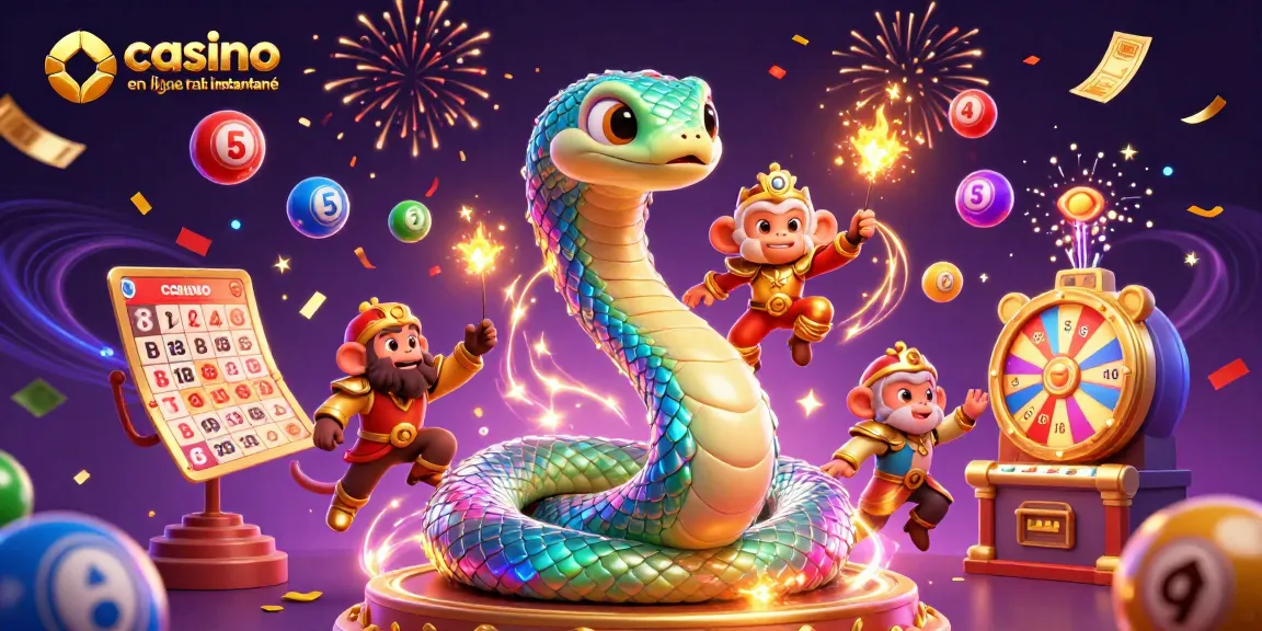 Découvrez l'univers du casino en ligne retrait instantané avec une illustration dynamique de serpents, de roi singe et de jeux.