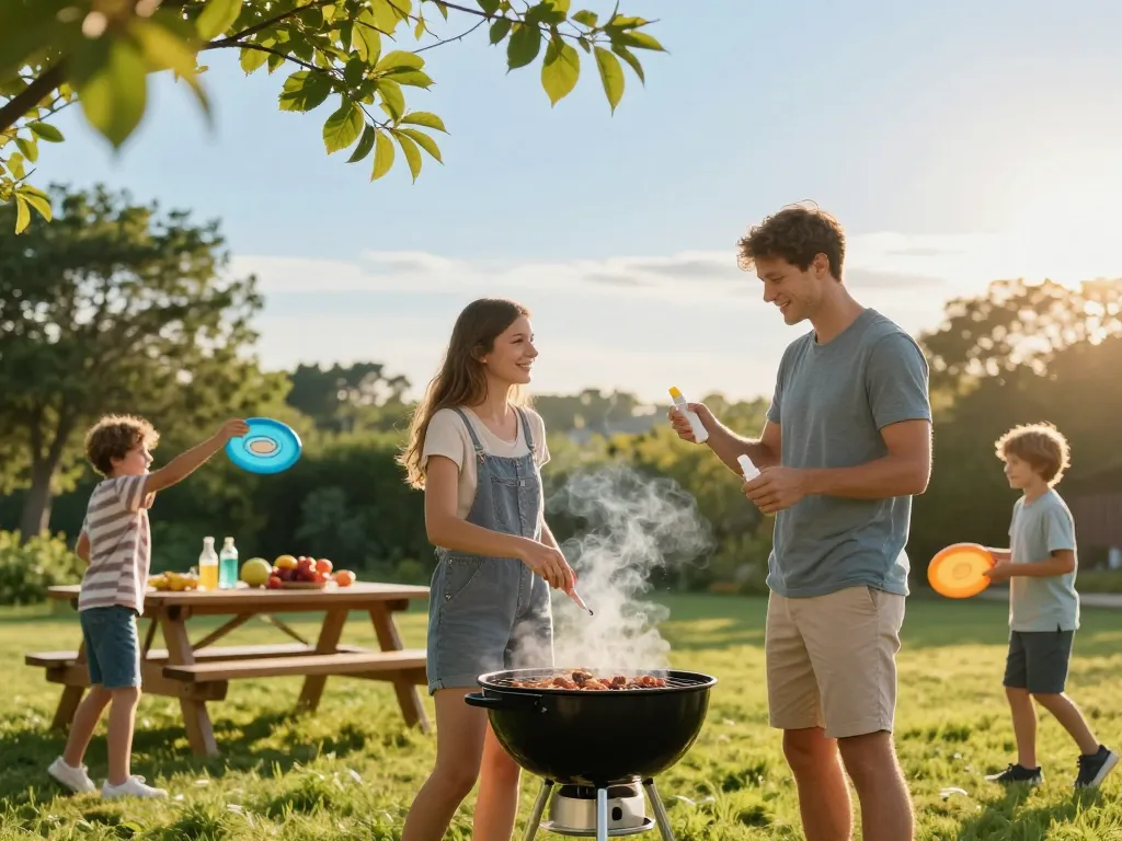 Family applying mosquito repellent while enjoying a summer barbecue outdoors.