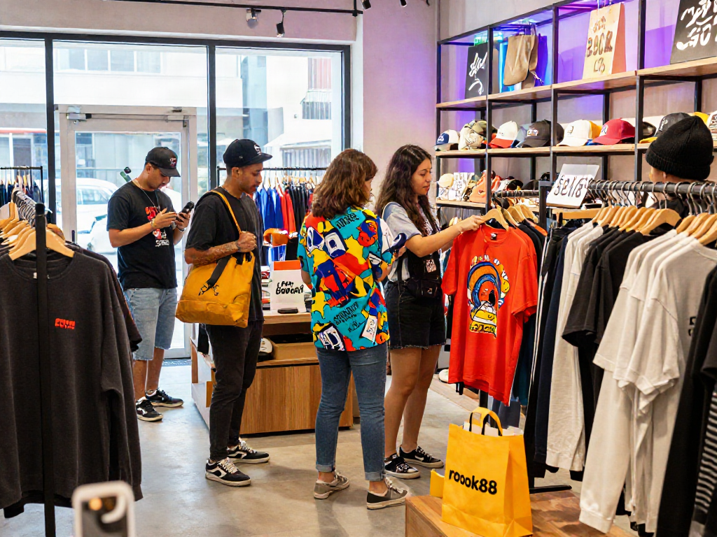 Youthful shopping experience at rokok88 boutique with vibrant apparel and accessories.