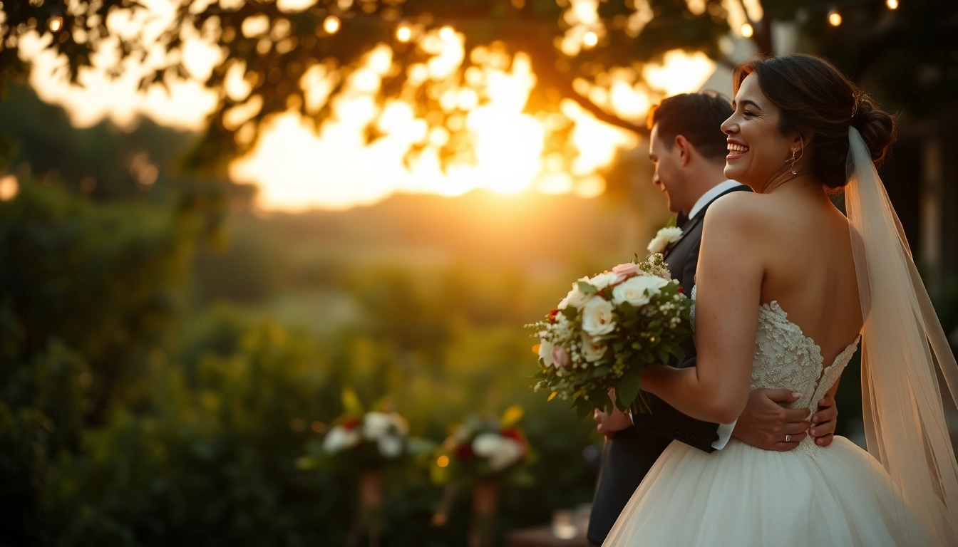 Capture stunning wedding photography of a couple in a romantic outdoor setting, showcasing joy and elegance.