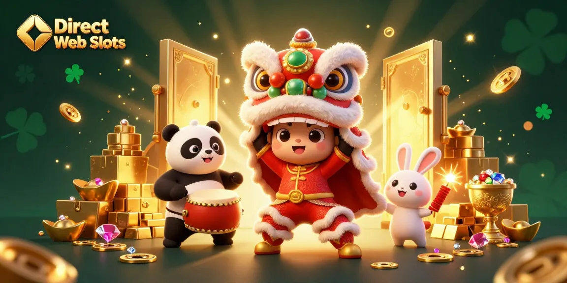 Engage with Direct Web Slots in an exciting 3D illustration showcasing a dynamic lion dance and treasure elements.