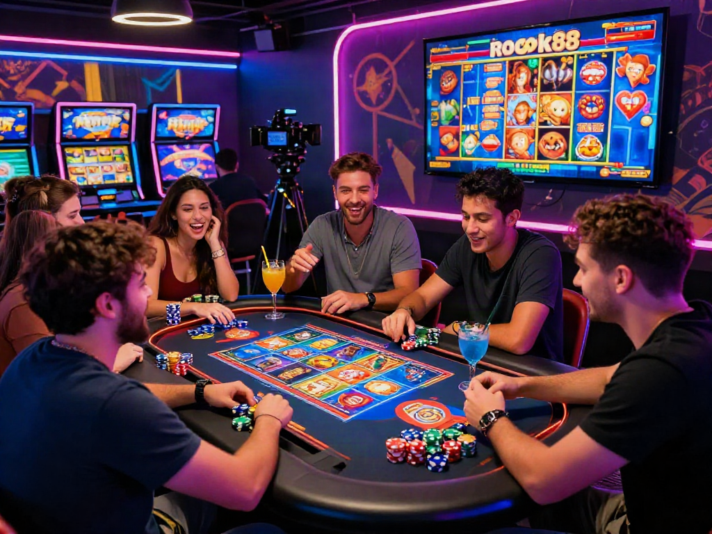 Exciting group enjoying the rokok88 slot game in a vibrant casino atmosphere.