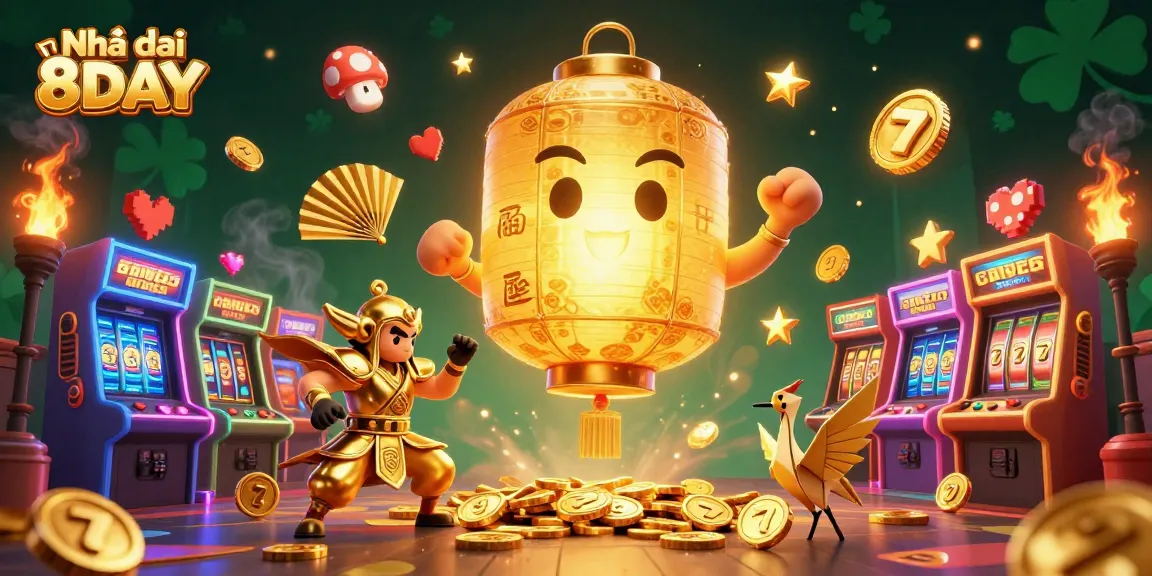 Experience the excitement at Nhà cái 8DAY, featuring a captivating 3D fantasy casino illustration full of vibrant gaming elements.