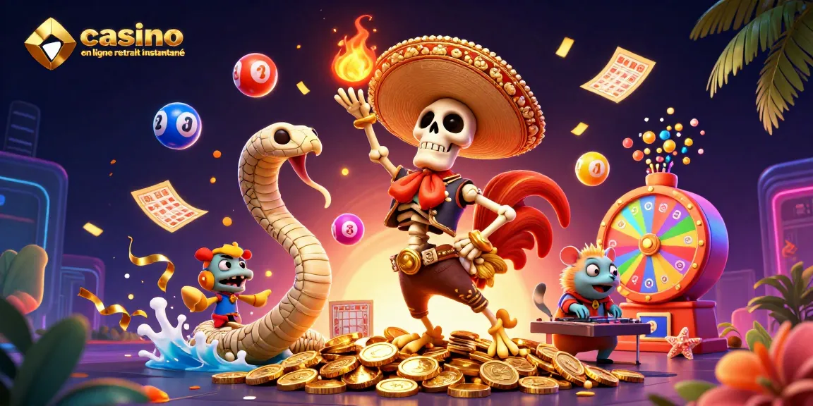Illustration dynamique de casino en ligne retrait instantané avec un mariachi squelettique sur une pile de pièces d'or.