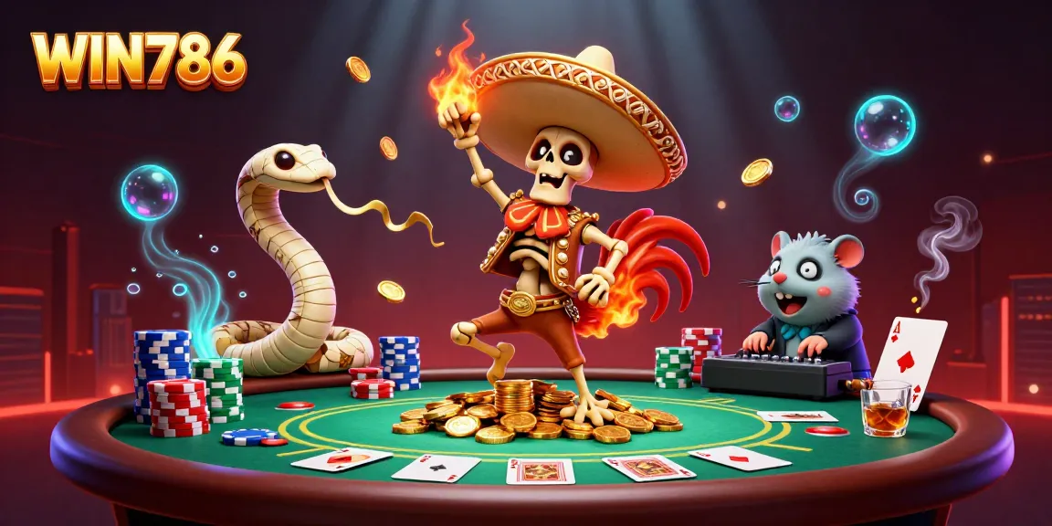WIN786 players celebrate victories with a lively mariachi rooster and vibrant poker scene.