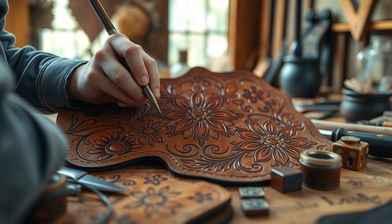 Reveal the art of Tooled Leather craftsmanship with intricate patterns and warm colors.