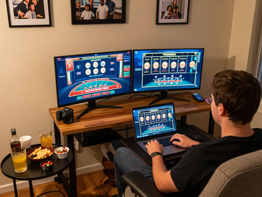 Engaging in casino online senza registrazione at a home gaming setup with dual screens and cozy ambiance
