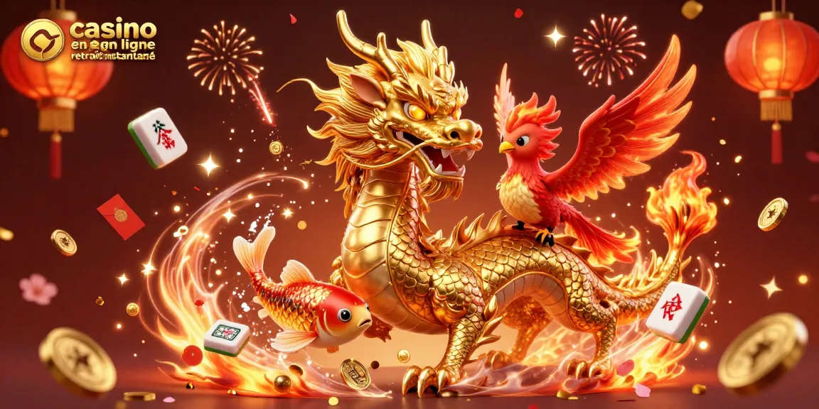 Illustration dynamique d'un casino en ligne retrait instantané avec dragon chinois et phoenix dans une pluie de pièces