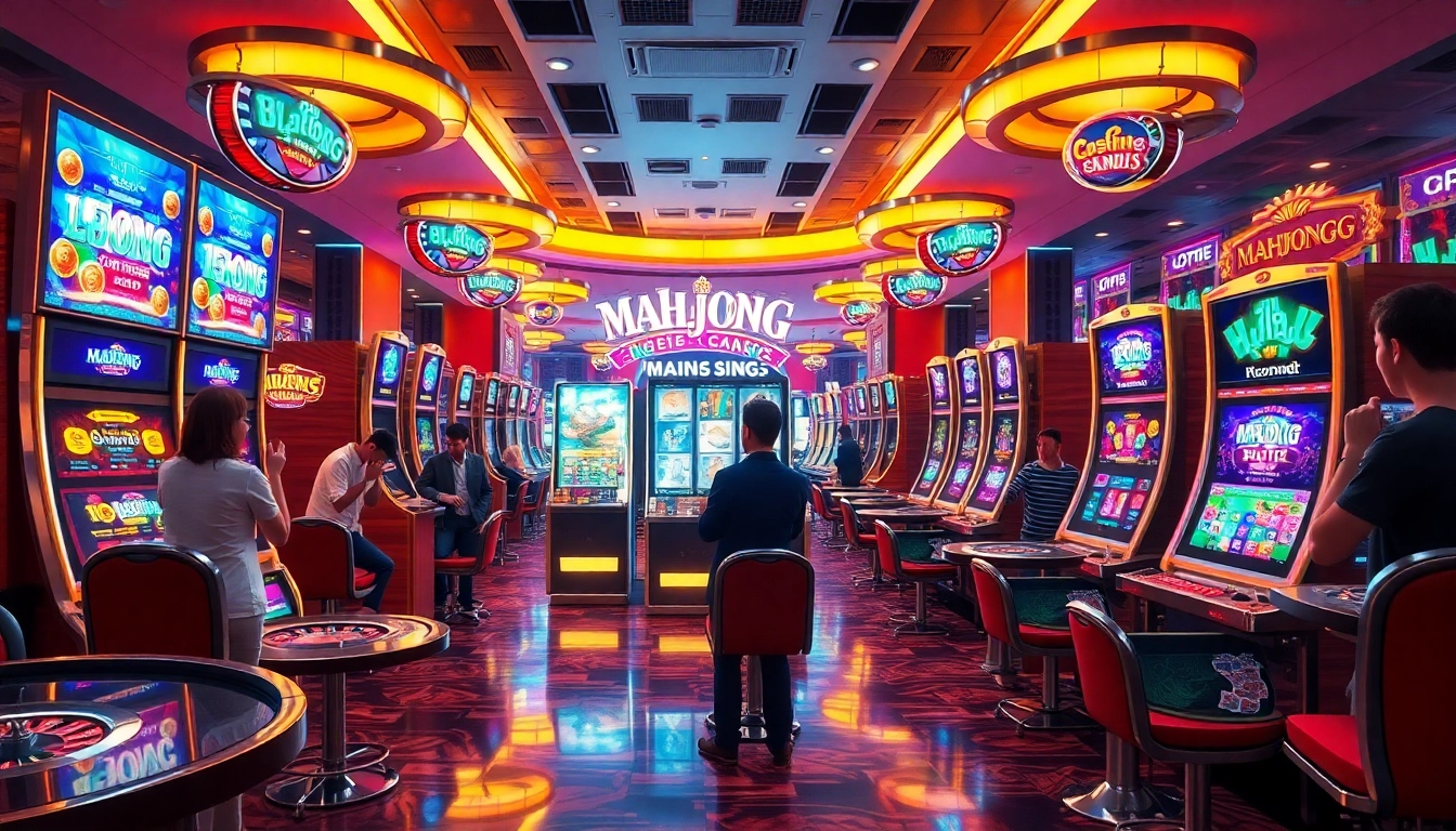 Experience the thrill of a mahjong slot demo while enjoying vibrant casino action with players and gaming tables.