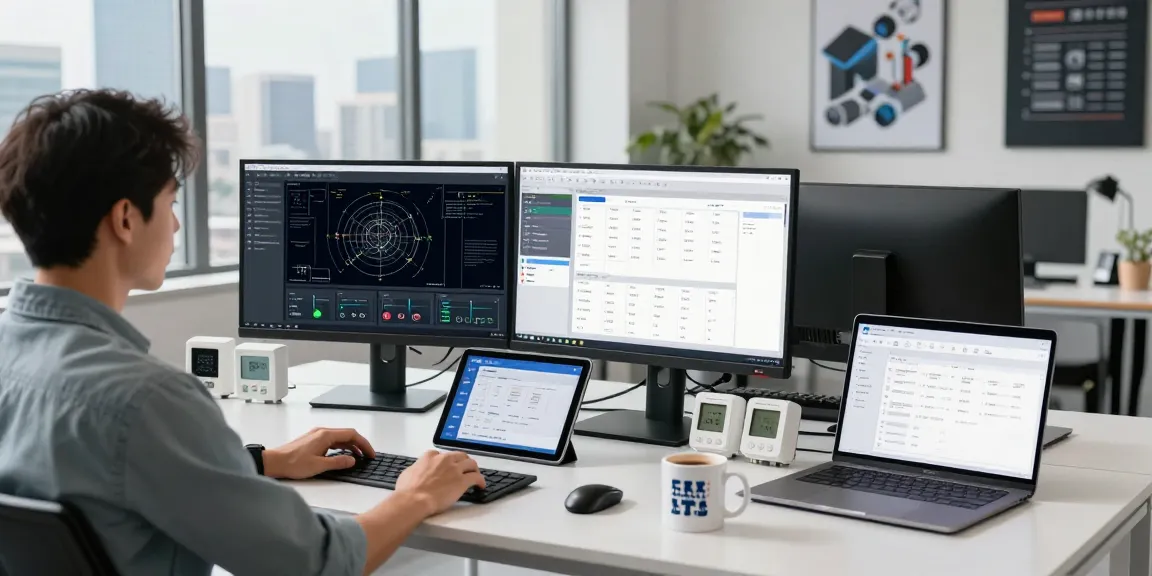 HVAC Software development workspace with engineer using advanced software and tools.