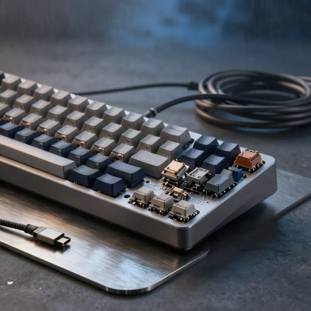 Aluminum mechanical keyboard parts on steel slab with misty blue-hour light.