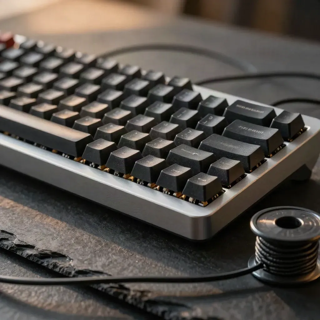 Macro still life of a worn keyboard, laptop stand edge, and cable spool on dark slate.
