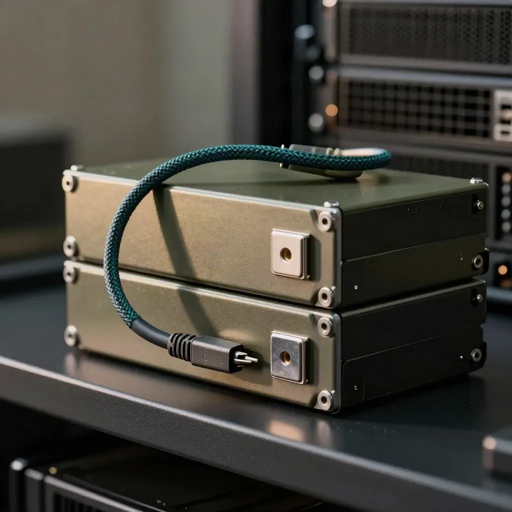 Server drives, braided cable, and latch on a dark rack shelf in dramatic light.